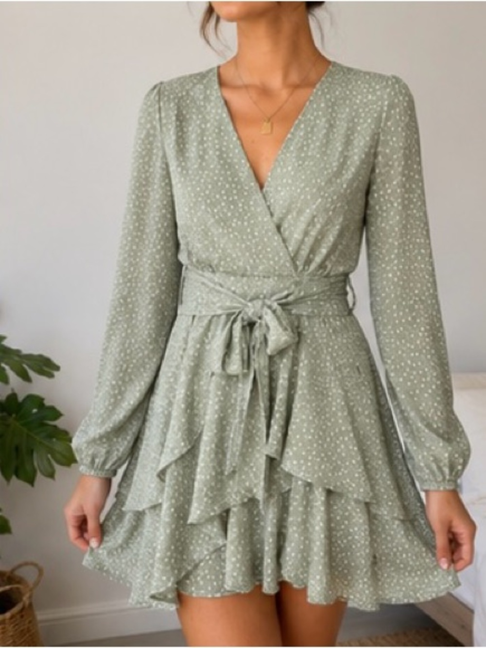 Japna Sage Green Polka Dot Wrap Ruffle Mini Dress XS
